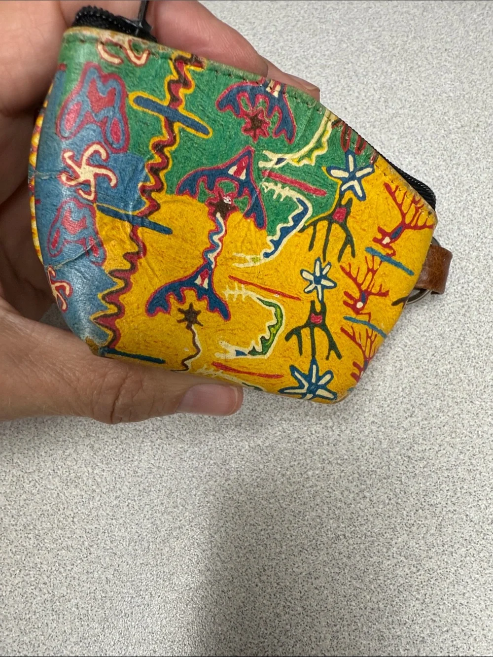 Vintage Colorful Yellow & Green Printed Leather keyring Pouch